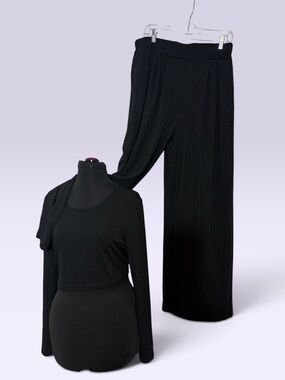 Black Ribbed 2 Piece Crop Top & Wide-Leg Pants